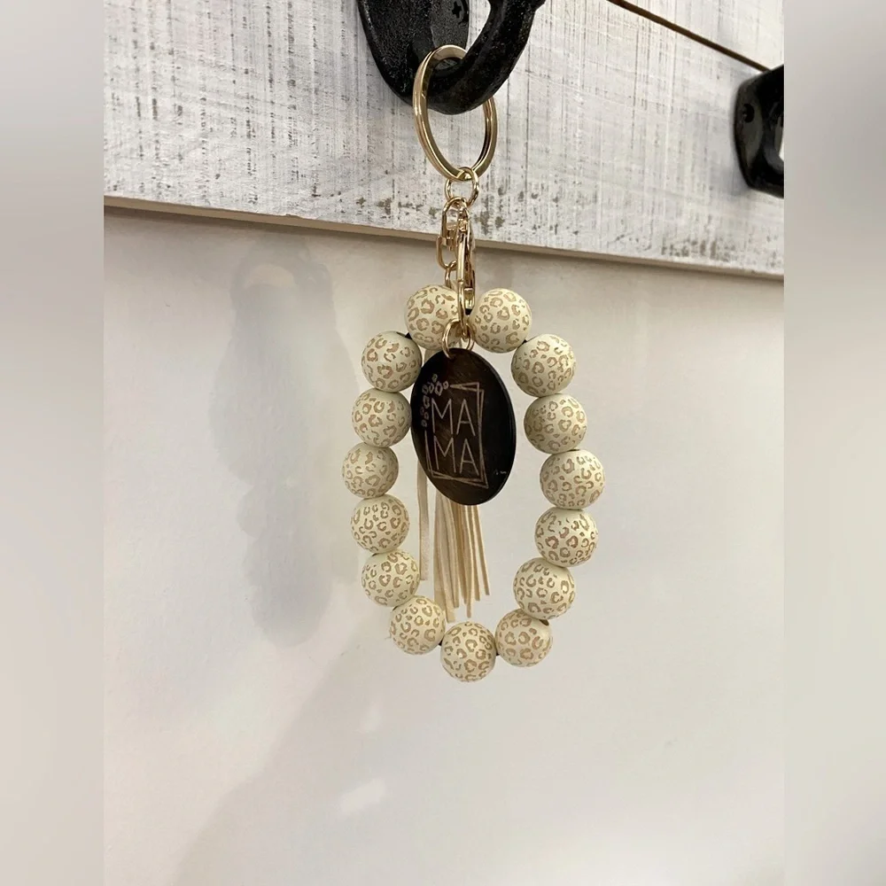 Brand New~ MAMA Wooden Beaded Tassel Key Chain in Cream 💗
